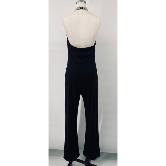 Vintage 90s Jumpsuit Embellished Rhinestone Choker Keyhole Neck Flared Leg Black - Picture 7 of 12